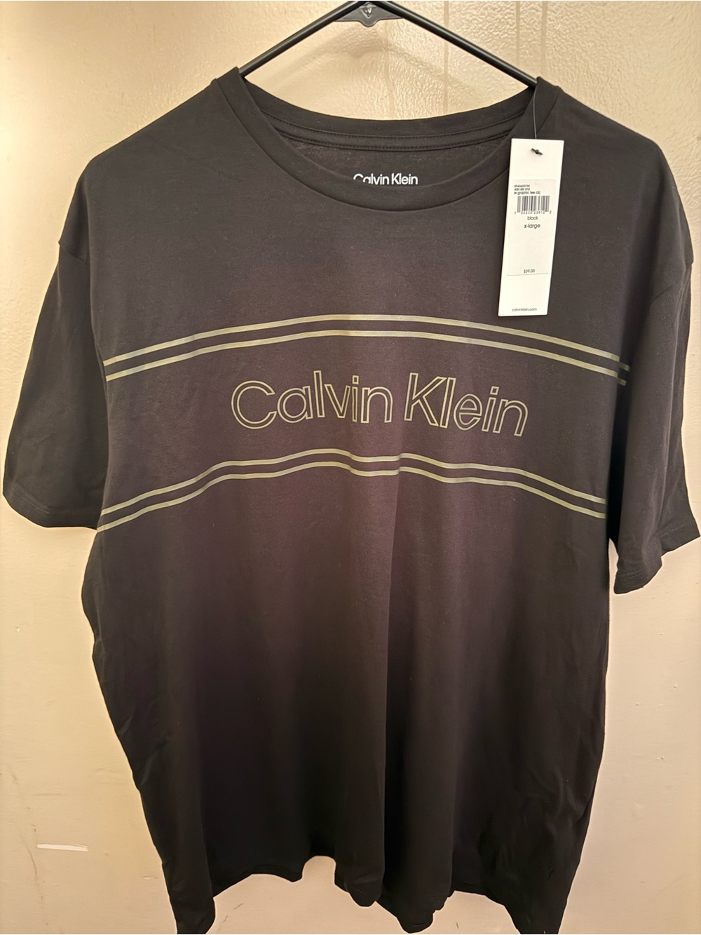 Calvin Klein Black Tee with Olive Logo Stripes